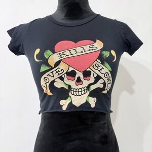 Ed Hardy Y2K Love Kills Slowly Skull Crop‎ Top T Shirt Size XS Black Tattoo Goth